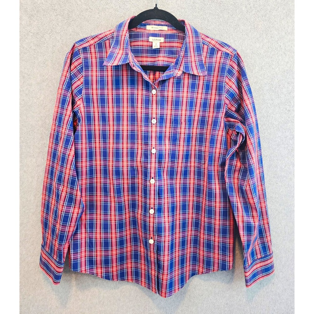 L.L.Bean Womens's M Regular Blue Red Cotton Plaid Button-Up Shirt Wrinkle Free